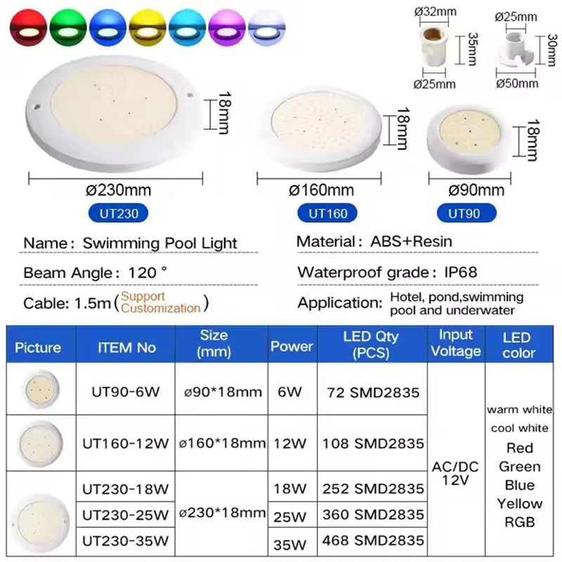 Remote Control 12V 6/9/18/25/35W RGB LED Swimming Pool Light IP68 Outdoor UnderWater Lamp Pond LED Piscina Luz Spotlights