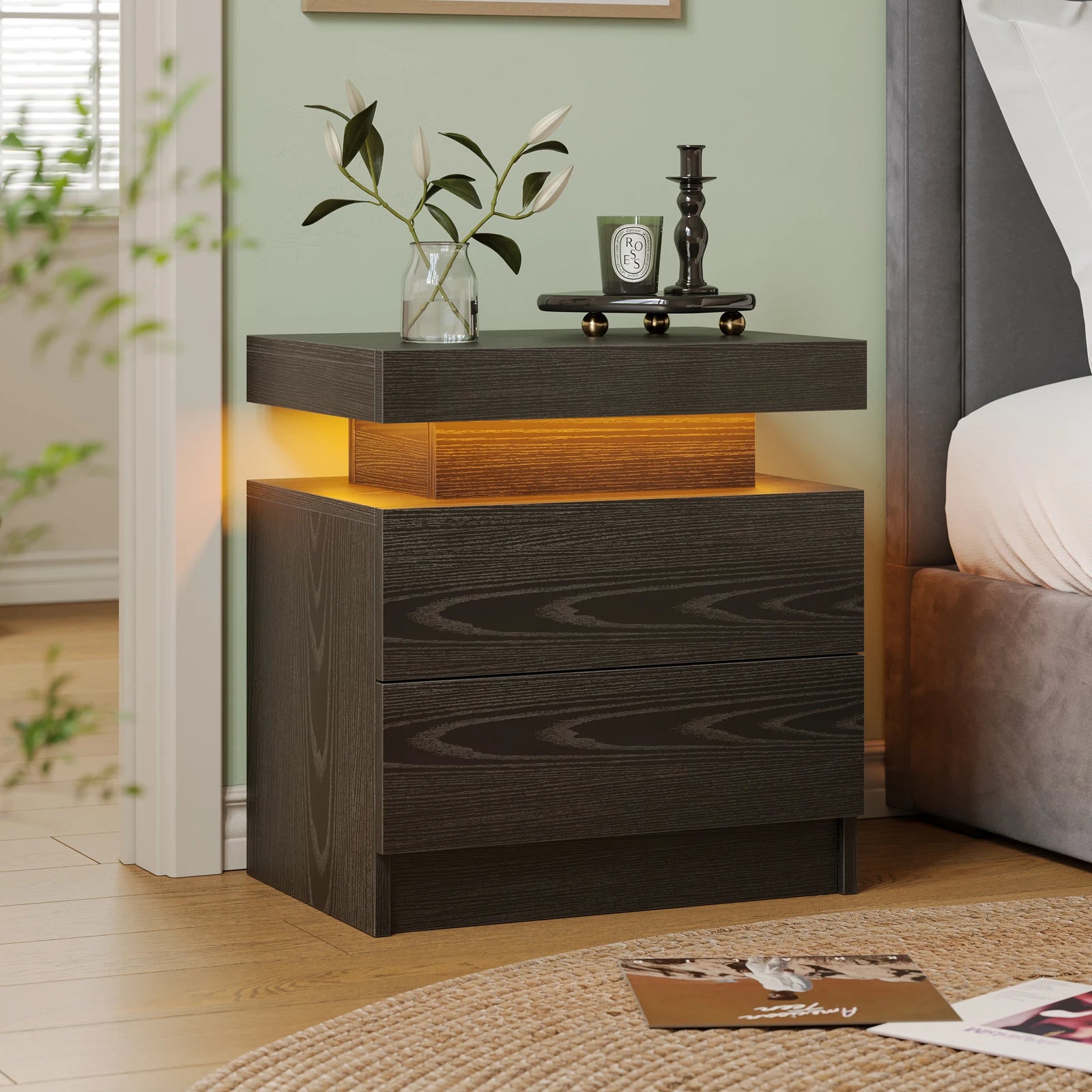Cubehom LED Nightstands with 2 Drawers, End Table with RGB LED Lights for Bedroom Living Room, White Bedside Table
