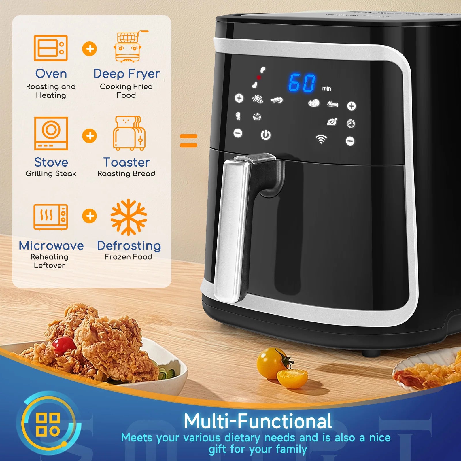 Smart Air Fryer, 7L, Led Touch Screen, 7 Functions, Removable Non-Stick Basket, Wifi Connection, 1900W