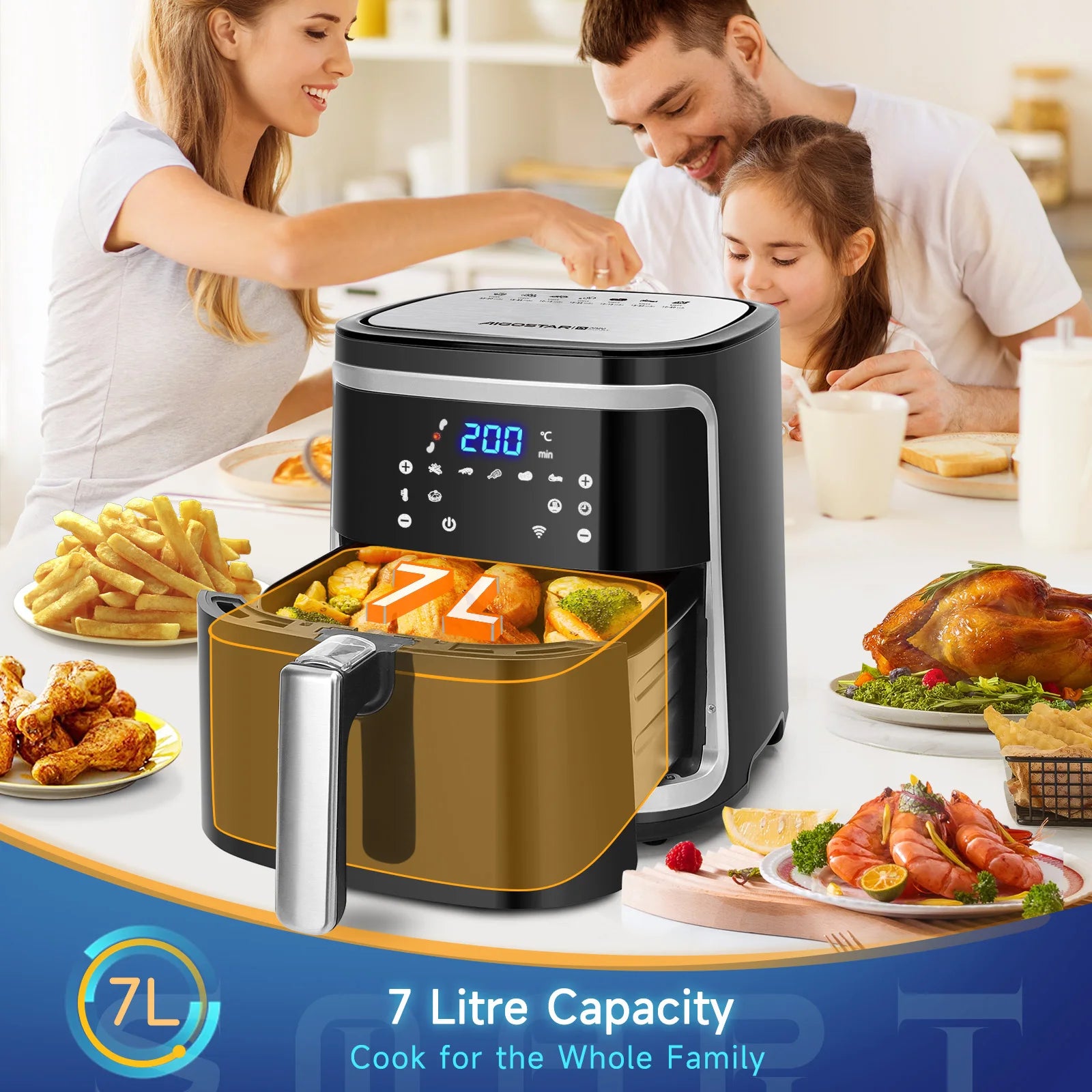 Smart Air Fryer, 7L, Led Touch Screen, 7 Functions, Removable Non-Stick Basket, Wifi Connection, 1900W